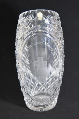 Hand cut glass vase gifted by Croise Deirge na h-Eireann [Irish Red Cross Society]