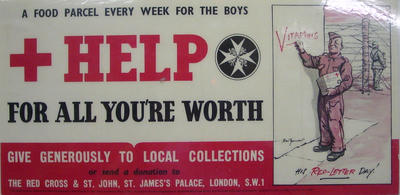 [Original] Text poster produced by the British Red Cross Society and the Order of St John., 'Help for all your worth' featuring sketch of a prisoner of war holding a food parcel and writing 'Vitamins' on the wall with 'His Red Letter Day' beneath.