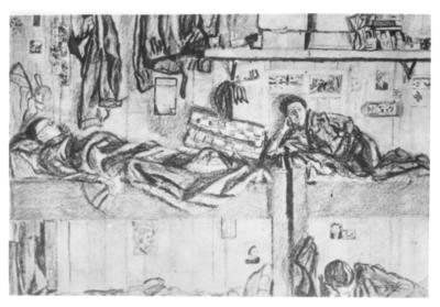 From a collection of sketches of camp life by prisoner of war John Watton, 'two men reading in top bunks'
