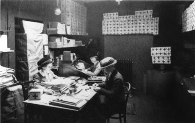 Three women working in the collecting box office at Scottish Branch headquarters at St Andrew's Halls, Glasgow