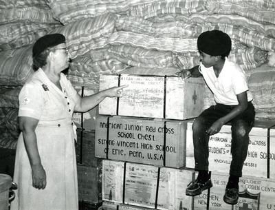 Black and white photograph. Relief for victims of Hurricane Hattie, Belize City, British Honduras.