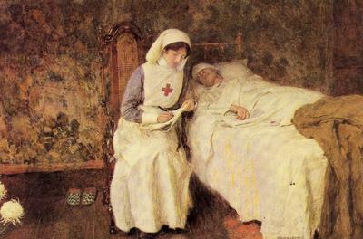 Artist's rendition of nurse acting as scribe for a patient