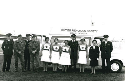 Black and white photograph of the British Red Cross at the International Services for Invalid Travellers exhibition at Biggin Hill