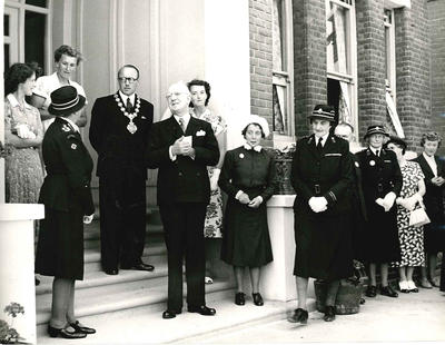 Black and white photograph of the opening of Junior Red Cross convalescent home Cliffe Combe, 1 July 1949