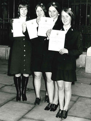 Black and white photograph of Junior Red Cross members from East Yorkshire receiving Gold Duke of Edinburgh Award Scheme certificates
