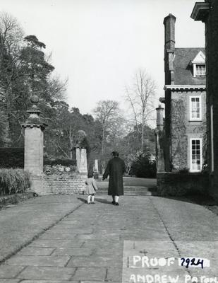 Black and white photograph of the gardens and exterior at Barnett Hill