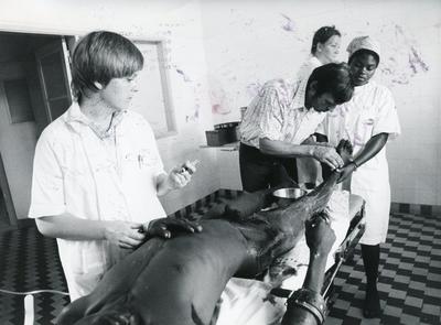 Black and white photograph of unidentified Red Cross work overseas