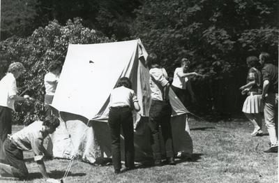 Black and white photograph of a camping weekend at Barnett Hill