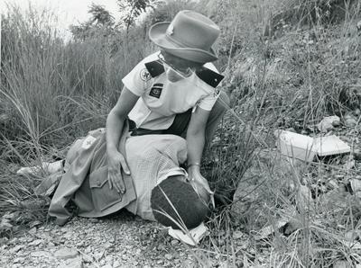 Black and white photograph from Red Cross News June 1976 of the Rhodesian Red Cross during a simulation of an aircrash