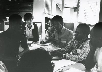Black and white photograph of ICRC First Aid Workshops in Africa