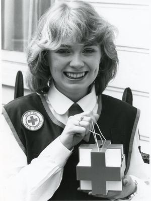 Black and white photograph of the new Red Cross collecting box