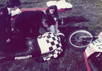 Colour photograph of First Aid at a motorbike racing show