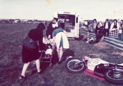 Colour photograph of First Aid at a motorbike racing show