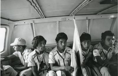 Black and white photograph of ambulance workers in El Salvador