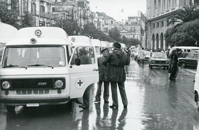 Black and white photograph of relief work following the Italian Earthquake of 1980