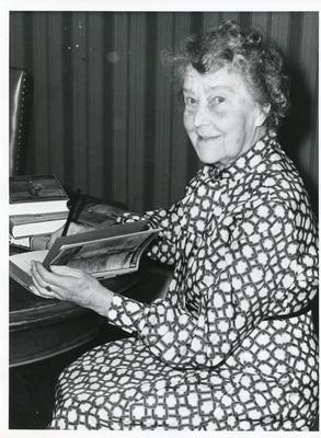 Black and white photograph of Florence Farmborough at her book signing 1974