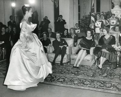 Black and white photograph of the Christian Dior Show at Blenheim Palace 1954