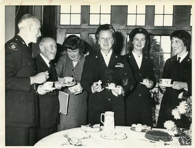 Black and white photograph of Dame Anne Bryans visiting Shennanton House in Stranraer Scotland