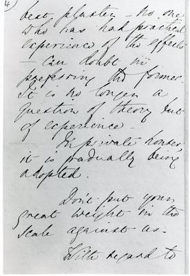Black and white photograph of the fourth page of a letter from Florence Nightingale to Mr Rawlinson