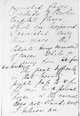 Black and white photograph of the fifth page of a letter from Florence Nightingale to Mr Rawlinson