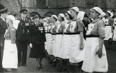 Black and white photograph of the presentation of an ambulance during a visit from the Princess Royal in Durham