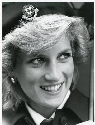 Black and white photograph of Diana Princess of Wales when she visited a holiday centre for disabled children at Hindleap Activity Centre, run by the Sussex branch
