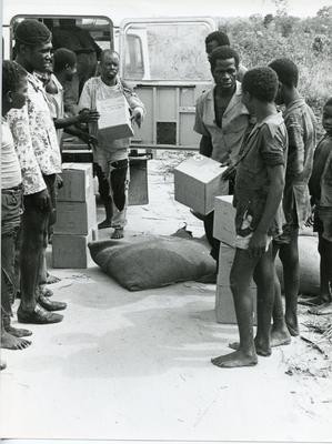 Black and white photograph of Red Cross work in Angola 1978