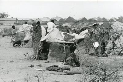 Black and white photograph of Red Cross relief work in Somalia 1980