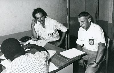 Black and white photograph of Red Cross relief work in Uganda 1980