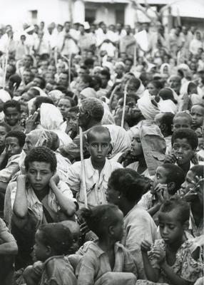 Black and white photograph of Red Cross relief work in Ethiopia 1981