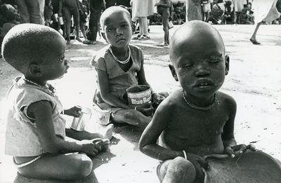 Black and white photograph of Red Cross relief work in Uganda