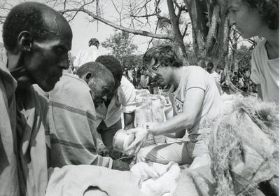 Black and white photograph of Red Cross relief work in Uganda
