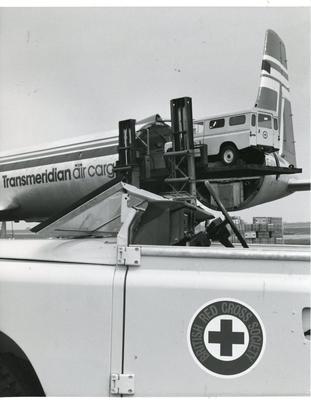Black and white photograph of aid going to Ethiopia 1978