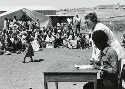 Black and white photograph of Red Cross work in Ethiopia 1984