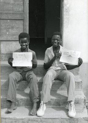 Black and white photograph of the New Zealand Red Cross Youth and Education programme in Africa