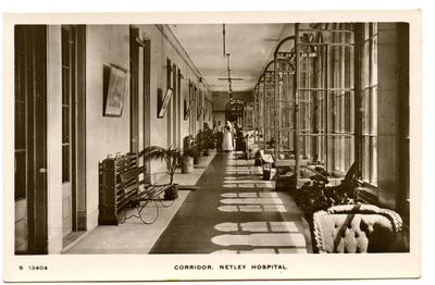 Postcard featuring a corridor in Netley Hospital. Hampshire