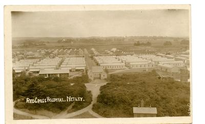 Postcard featuring an aerial view of the Red Cross Hospital and tents 1916.