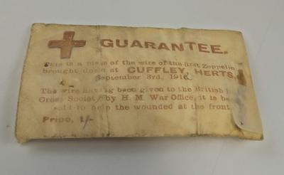 Envelope containing a piece of wire from first Zeppelin to be brought down at Cuffley; Gifts and Souvenirs/zeppelin part; 1083/1