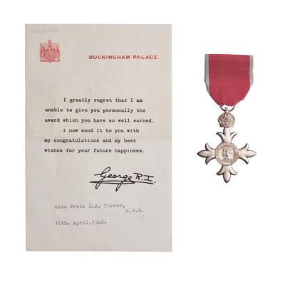 MBE medal awarded to Freda H.A. Turner.