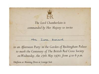 Invitation to a garden party at Buckingham Palace to mark the Centenary of the British Red Cross.