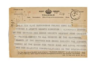 Telegram sent by Buckingham Palace to Miriam B Jowett, County Director of the British Red Cross Glamorgan Branch.; RCB/2/19/4/10