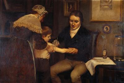 Dr Edward Jenner carrying out his first smallpox vaccination on James Phipps, 14 May 1796
