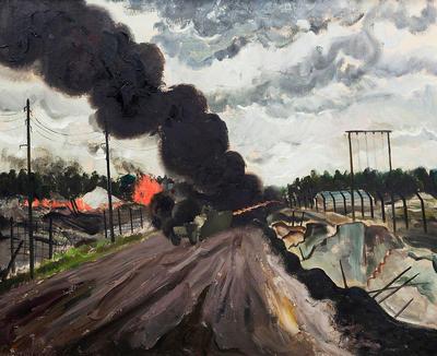 Oil painting depicting the burning of Bergen-Belsen Concentration Camp, 1945