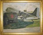 Framed oil painting by Doris Zinkeisen featuring an air ambulance being unloaded near Bruges