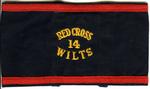 Navy blue brassards with red braid trim embroidered 'Red Cross Wilts 14'