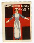 Large stamp showing a female VAD in uniform standing in front of a red cross with her arms open: 'British Red Cross Society 1914'.