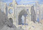 gouache: Ypres Cathedral as seen from the foot of the Cloth Hall Tower by Ernest Proctor