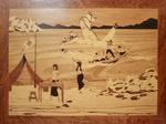 Marquetry picture depicting Red Cross personnel at First Aid post