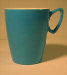 Blue polythene mug, white inside, made by Gaydon.
