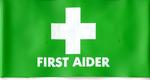 A PVC brassard in green with a white cross and the words 'First Aider'. There is a strip of elastic at the back.